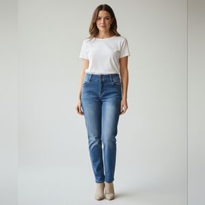 Enjean Junior's Blue Medium Wash High-Waisted Straight Leg Jeans Size 9